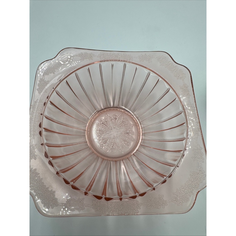 Jeannette Glass Adam Pink Depression Glass Square Scalloped Ribbed Floral Bowl